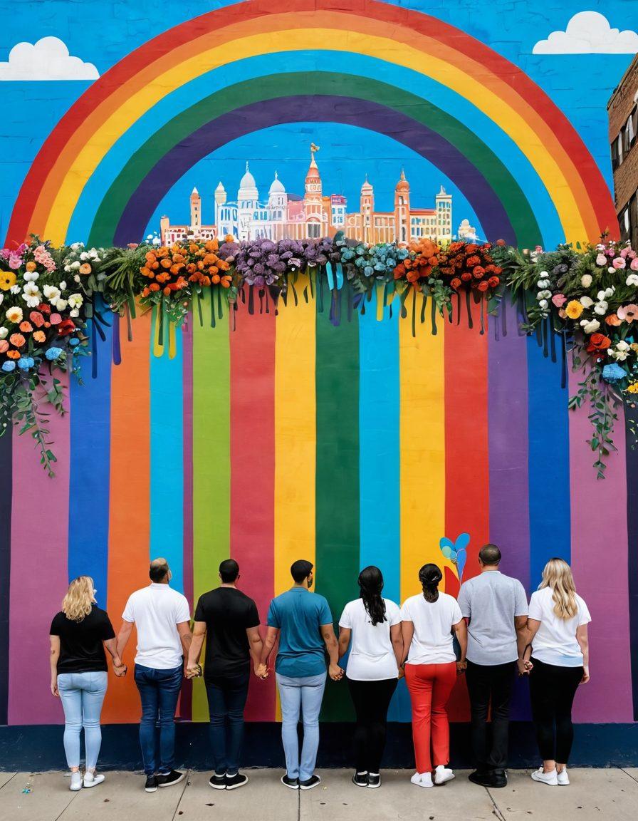 A vibrant mural depicting a diverse group of people holding hands in a rainbow of colors, surrounded by symbols of love and acceptance. In the background, iconic LGBTQ+ landmarks and flowers bloom, symbolizing unity and joy. The scene radiates warmth and celebration, showcasing various identities within the community. super-realistic. vibrant colors. 3D.