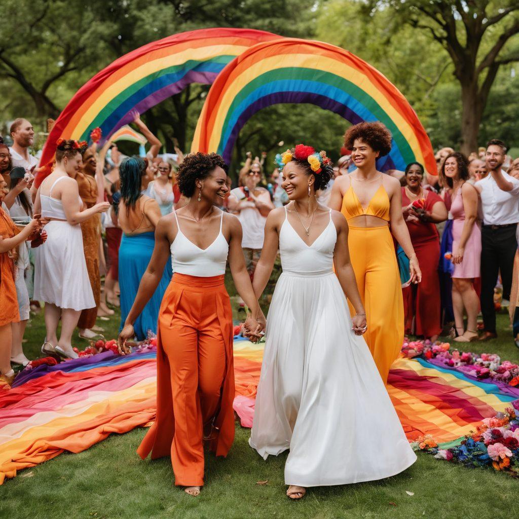 A vibrant celebration of a diverse group of queer couples, joyfully expressing their love in a colorful park during a pride event. Featuring elements of feminine power such as flowers, rainbows, and powerful poses, showcasing unity and strength. The scene is filled with bright colors, smiles, and flowing fabrics that symbolize empowerment and happiness. super-realistic. vibrant colors. outdoors.